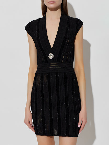sabrina black v-neck mini Dress with shimmering sequins