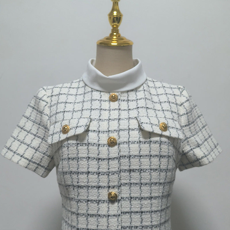 Decorative buttons Check Mini dress in white