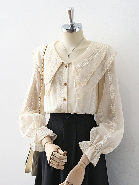 Double Layer Lace Lapel Ruffle Cuff Embroidery Long Sleeve Blouse