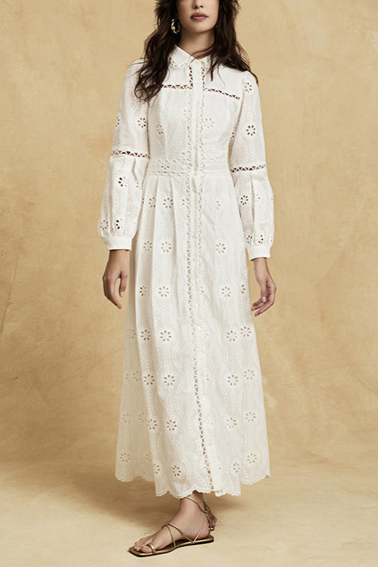 retro single-breasted hollow lace midi dress in white