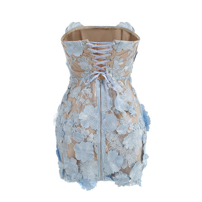 Light Blue Embroidered 3D Floral Strapless Mini Dress