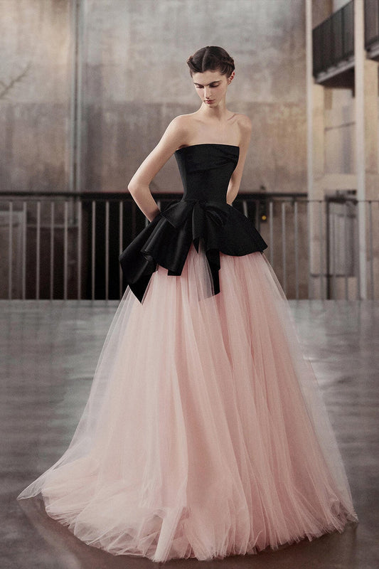 Strapless Satin Big Bow Contrast Pink Tulle Ball Gown