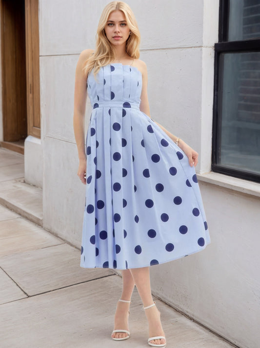 Light Blue Polka Dot Strapless Pleated Waist Midi Swing Dress Women Vintage Holiday Dress