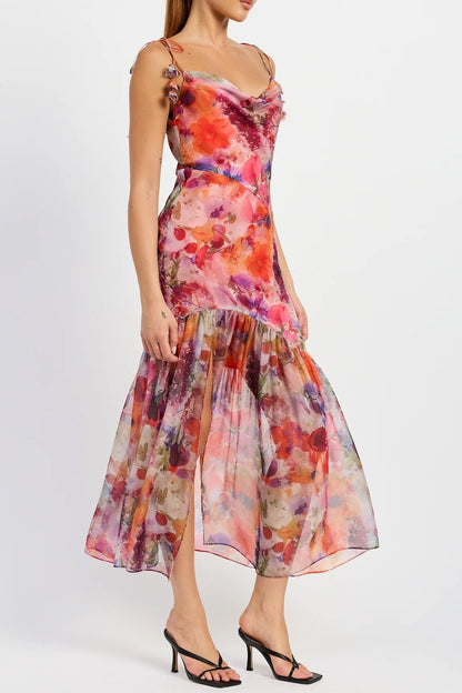 Red Multi Floral Tie Strap Midi Dress