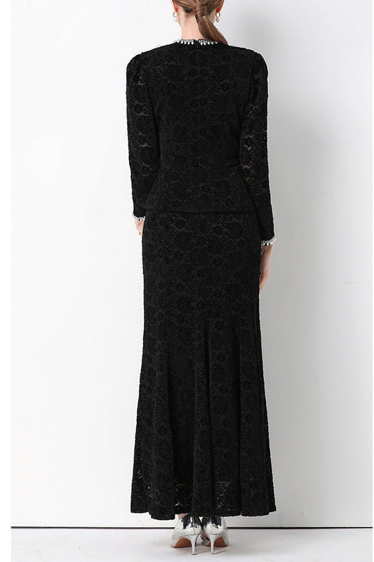 georgia Beaded V-neck lace top & fishtail skirt set - black