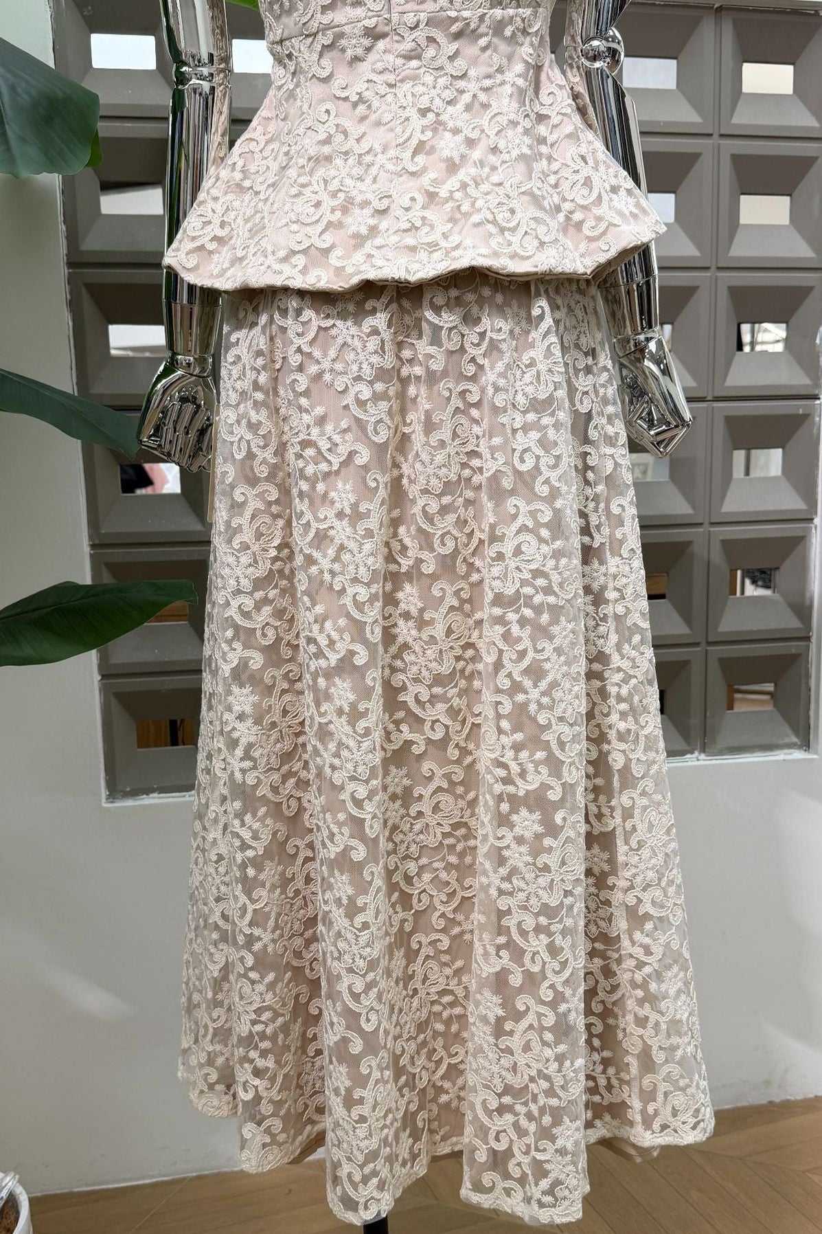 Ivory Lace Peplum Top & A-Line Maxi Skirt Two-Piece Set