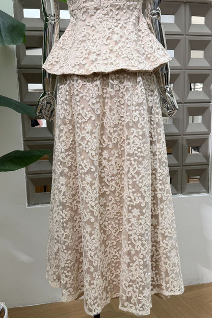 Ivory Lace Peplum Top & A-Line Maxi Skirt Two-Piece Set