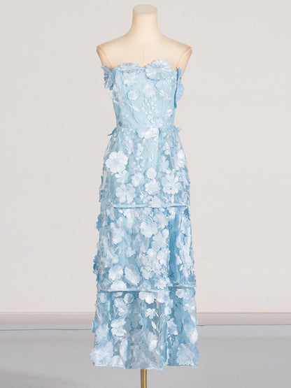 Selene 3D flower Tiered Maxi Dress In Blue