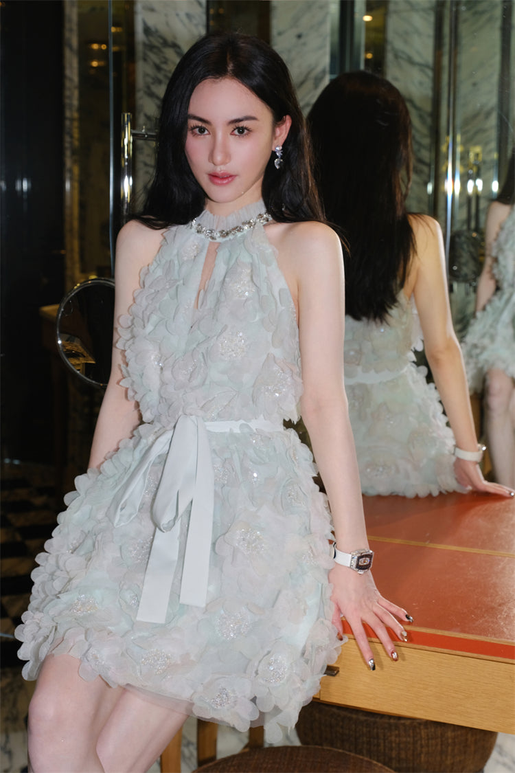 Pastel Green Ribbon Floral wedding guest bridal Dress