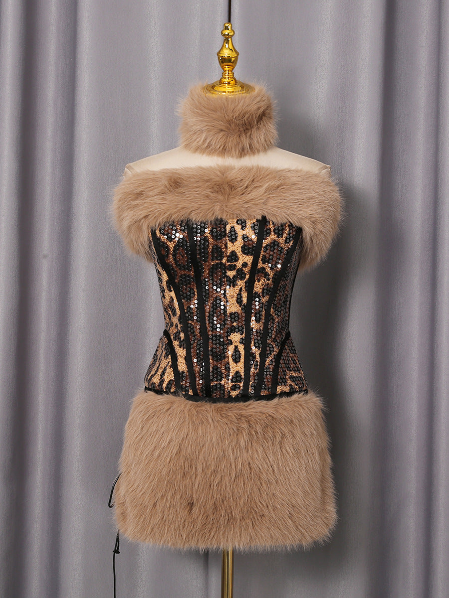 suzanne Leopard Fur Sequin Skirt Set