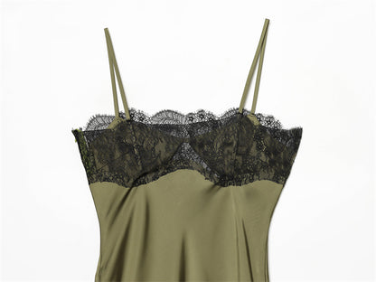 Olive Green Satin Asymmetrical Slip Dress with Black Lace Trim
