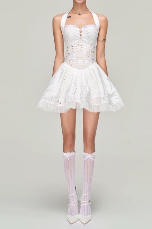 halter embroidered hollow mini dress in white