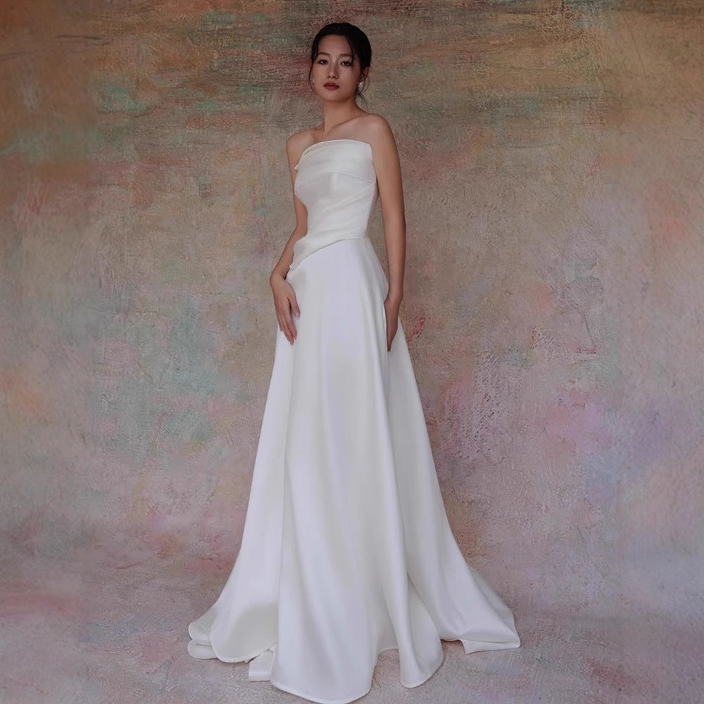 Lydia White French Satin Strapless maxi Train Welcome Gown