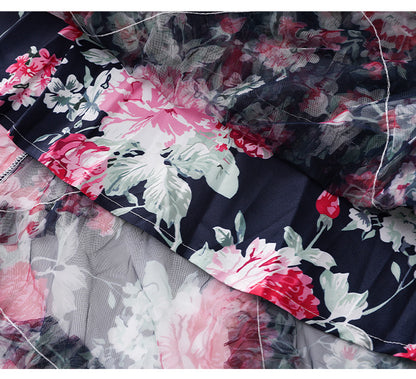 Navy Blue Floral Sheer Organza A-Line Midi Dress with 3D Ruffled Detail