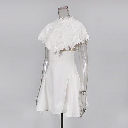 vanessa White mini dress with embroidered lace cape