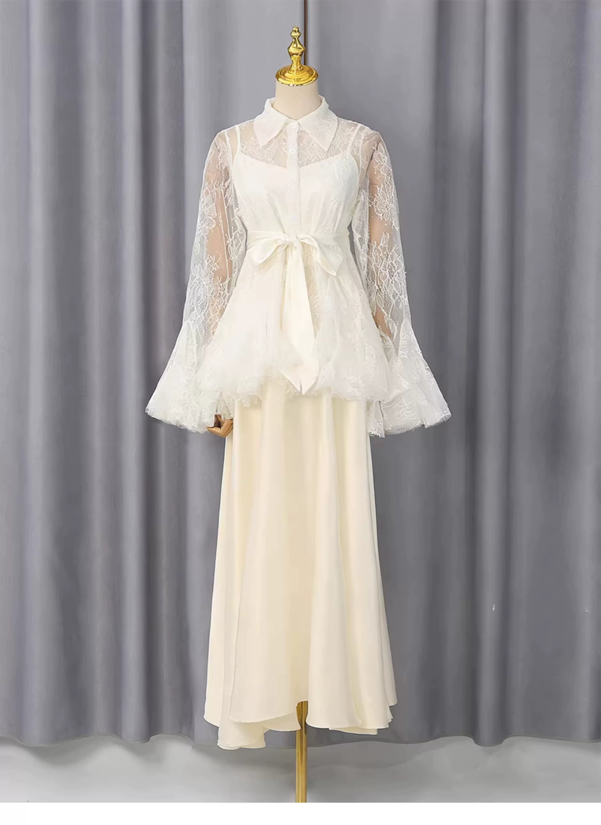 Cream Lace Flare Sleeve Shirt Top Satin Cami Sash Belt Wide Leg Maxi Pants Three-Piece Set