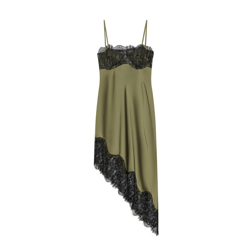 Olive Green Satin Asymmetrical Slip Dress with Black Lace Trim