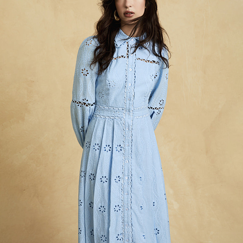 retro single-breasted hollow lace midi dress in blue