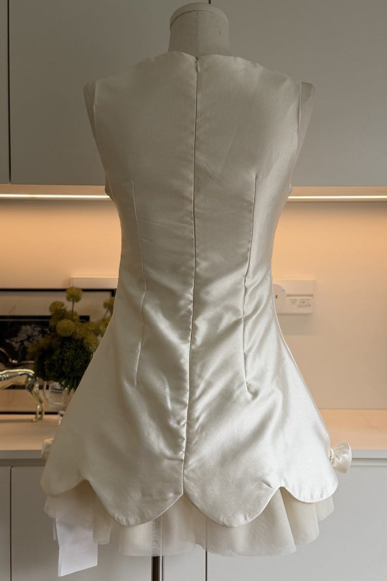 White Mini Dress with Rose Appliqués and Bow Detail