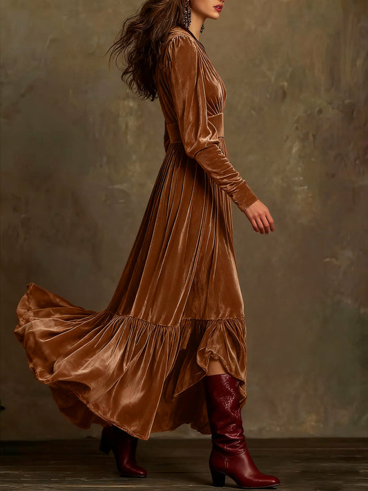 Retro High-End V-Neck Velvet Ruffle Large Swing Dress