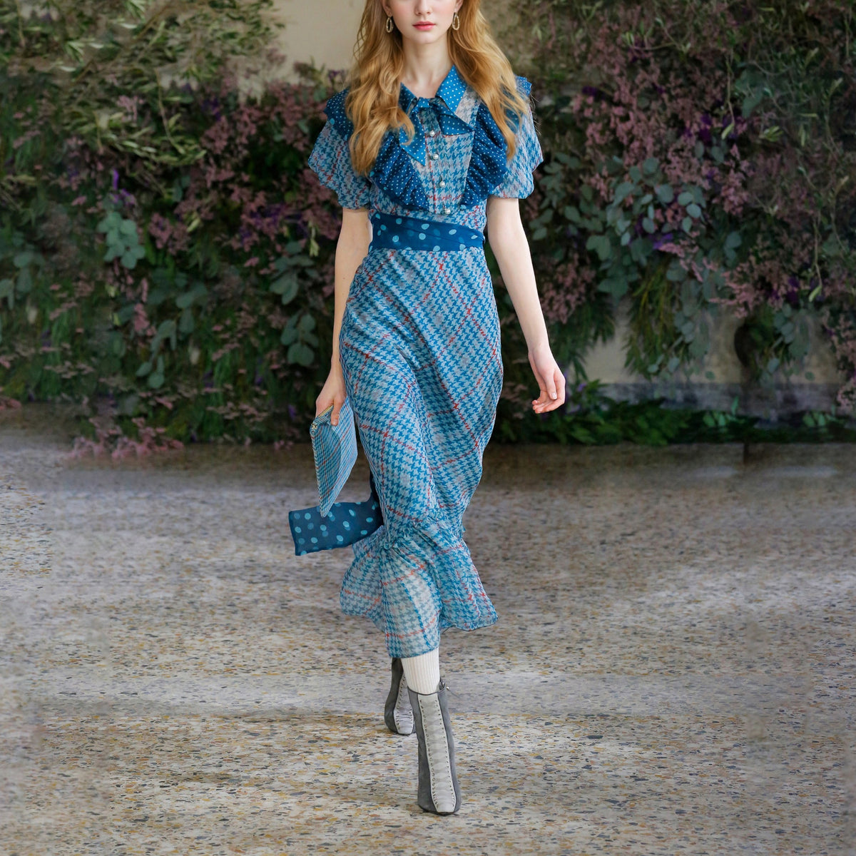 blue print plaid midi dress