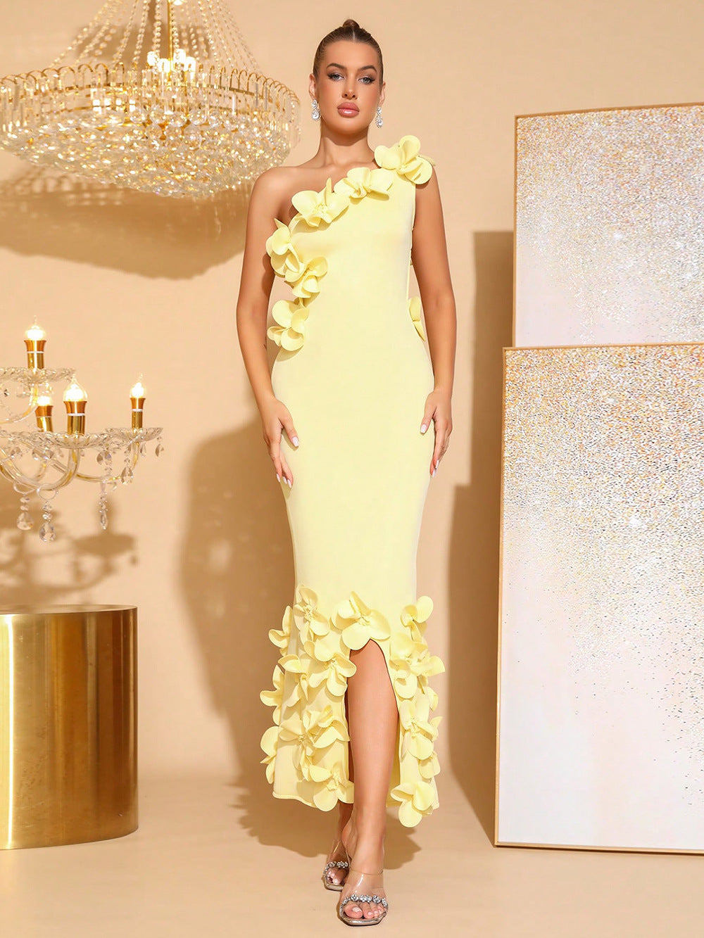 alma 3d flower one-shoulder bodycon maxi dress in yellow