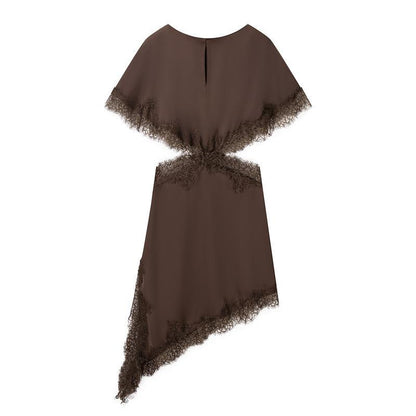 Chocolate Brown Satin Asymmetrical A-Line Dress with Capelet Overlay