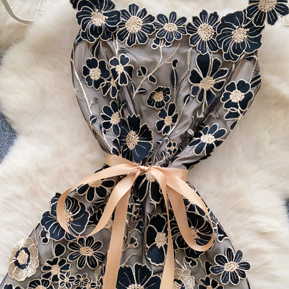 Black Embroidered Tulle Overlay A-Line Mini Dress