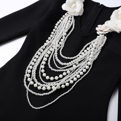 alisa pearl flower embellished bandage mini dress in black