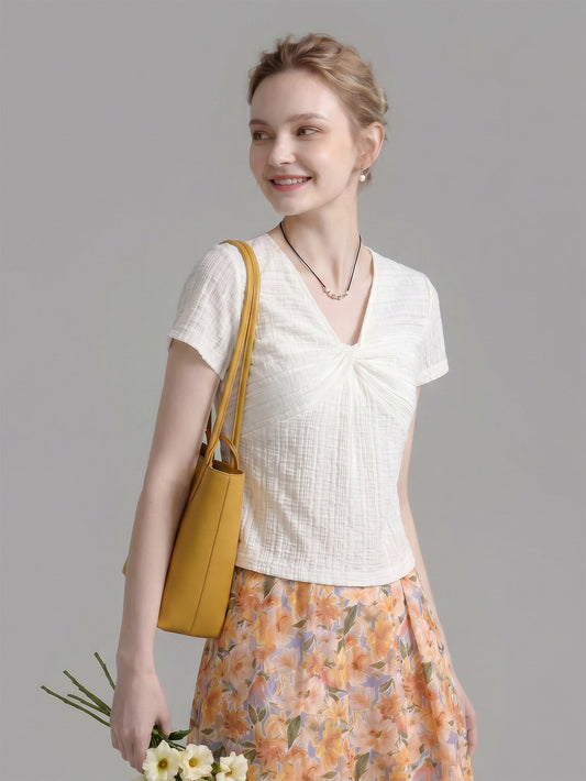 Front Twist V Neck Cap Sleeve Textured Knit Top