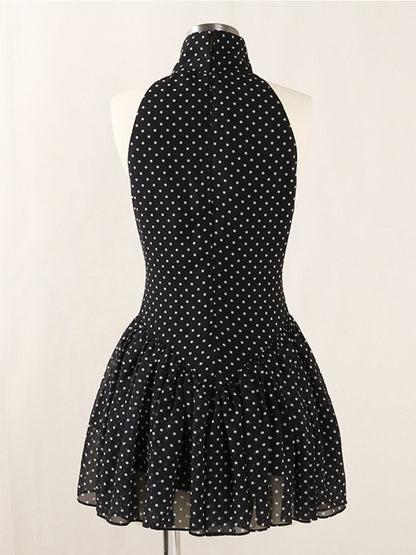 Polka Silk Chiffon sleeveless halter mini Dress in black