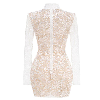 Lace jacquard fishbone bodycon mini dress in white