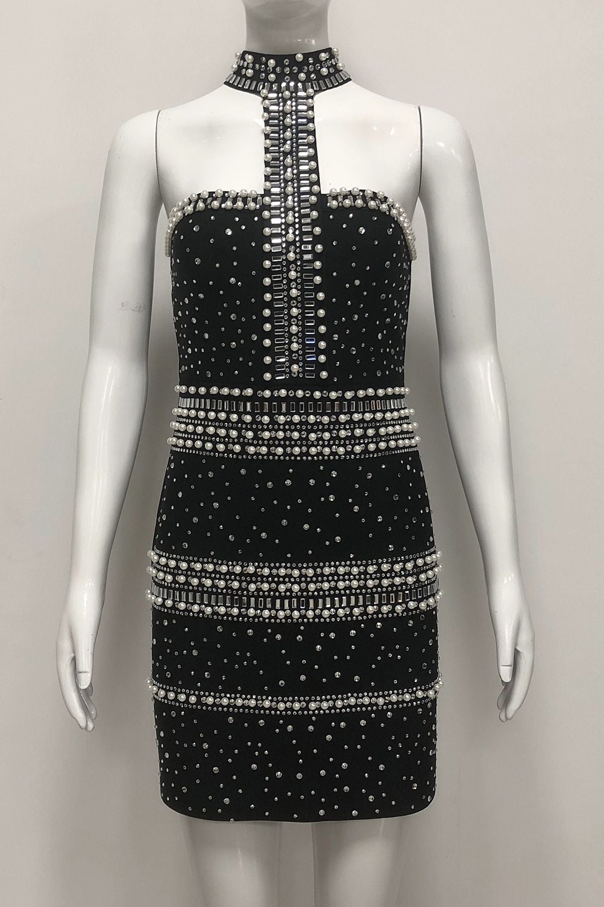 nelly pearl rhinestone halter mini dress in black