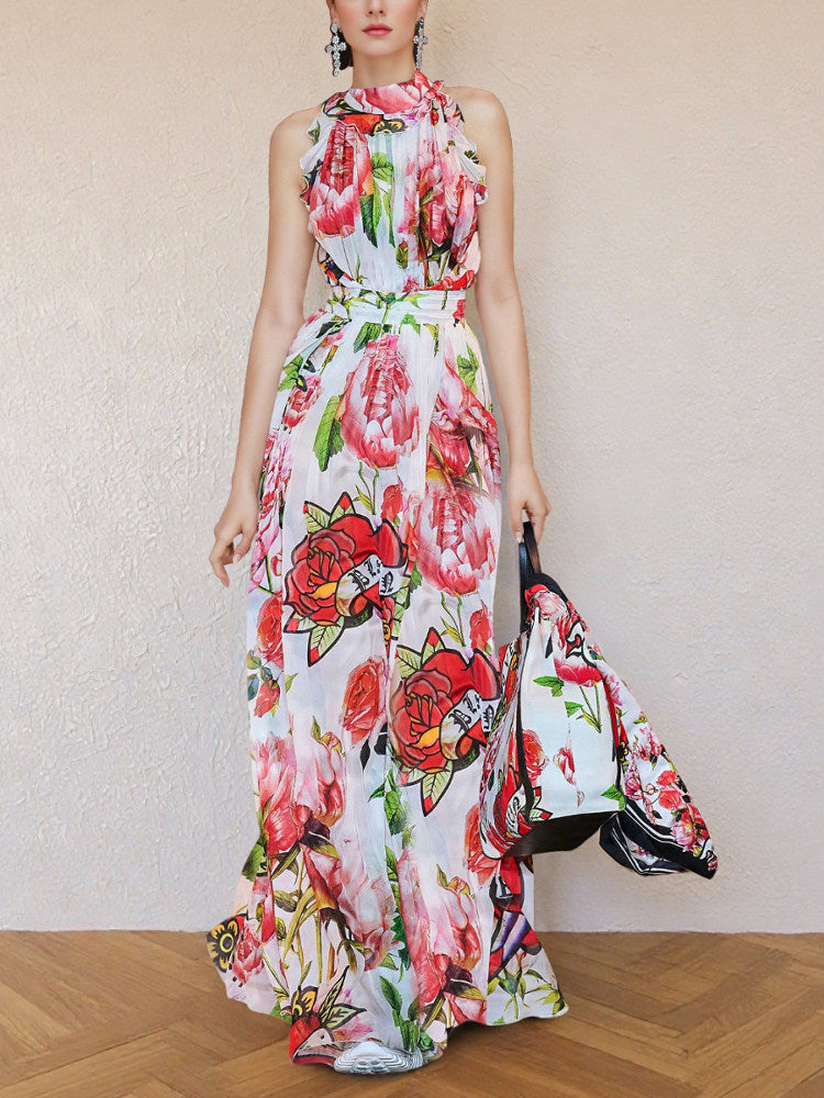 floral printed sleeveless flowing large swing dress