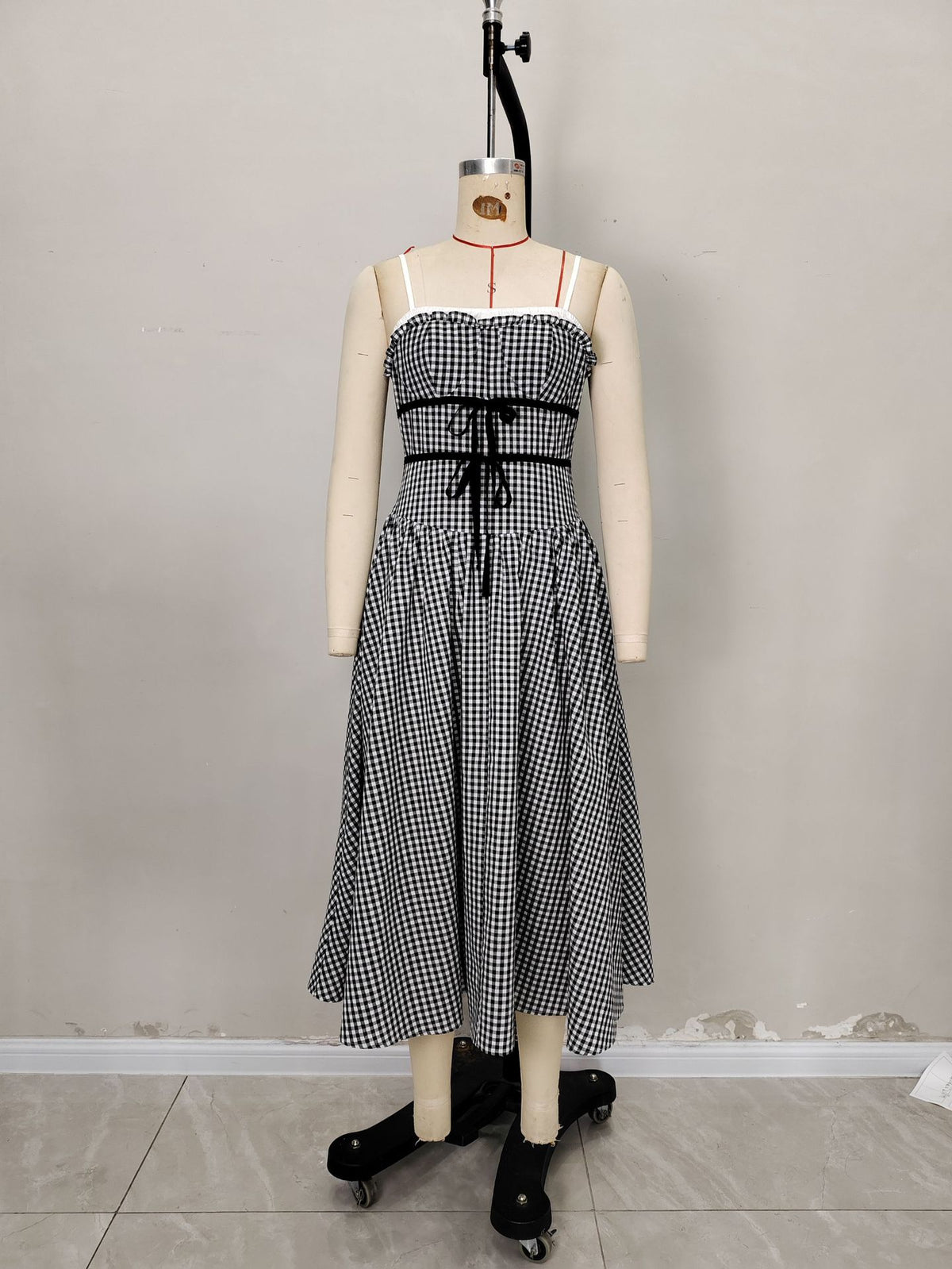 Black White Gingham Ruffle Cami Self-Tie Waist Flowy Midi Dress