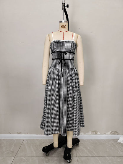 Black White Gingham Ruffle Cami Self-Tie Waist Flowy Midi Dress