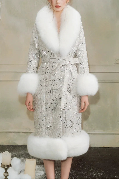 Sliver Tie Long Sleeve Long Fur Autumn Coat