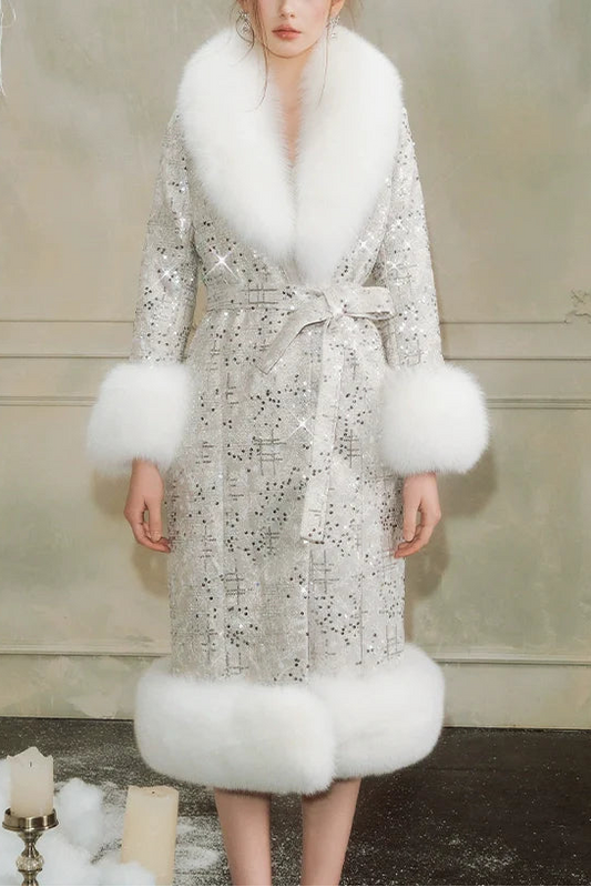 Sliver Tie Long Sleeve Long Fur Autumn Coat