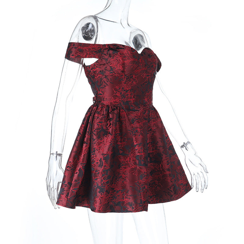Jacquard slim waist strapless puffy mini dress in wine red