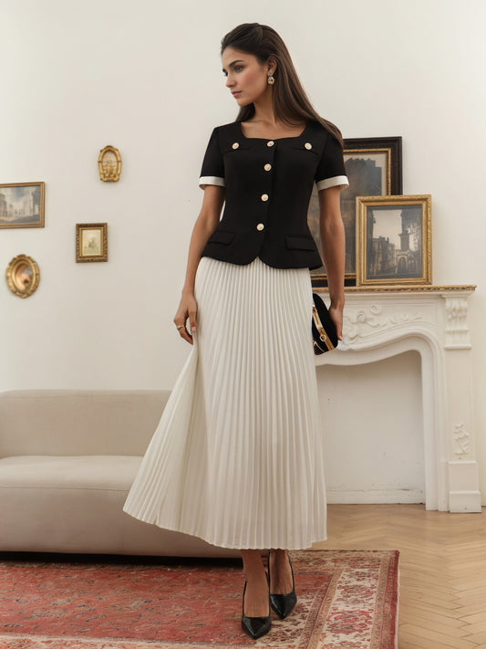 Black Square Neck White Cuff Gold Button Short Jacket & White Pleated Midi Skirt Two-Piece Set