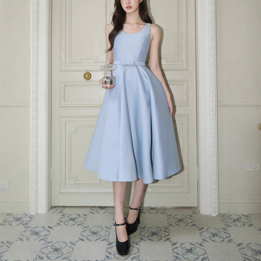 bow U-neck sleeveless Hepburn midi dress
