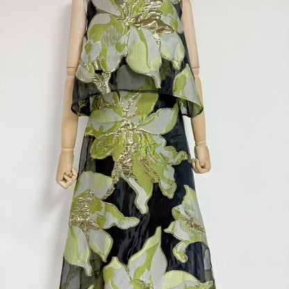 Black Metallic Floral Jacquard Two-Piece Set with Cropped Trapeze Top and Maxi Skirt