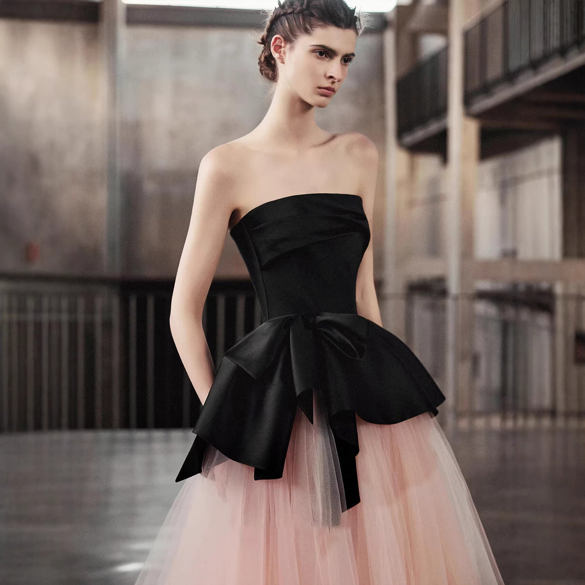 Strapless Satin Big Bow Contrast Pink Tulle Ball Gown