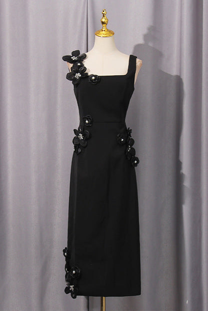 sabrina 3d flower Midi Dress in Black