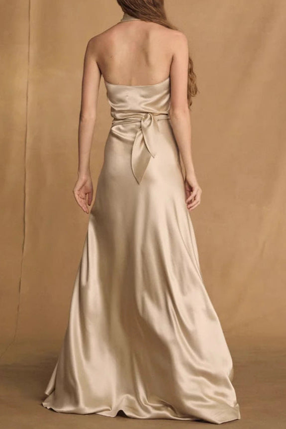 kay Champagne crepe bias-cut satin halter maxi dress