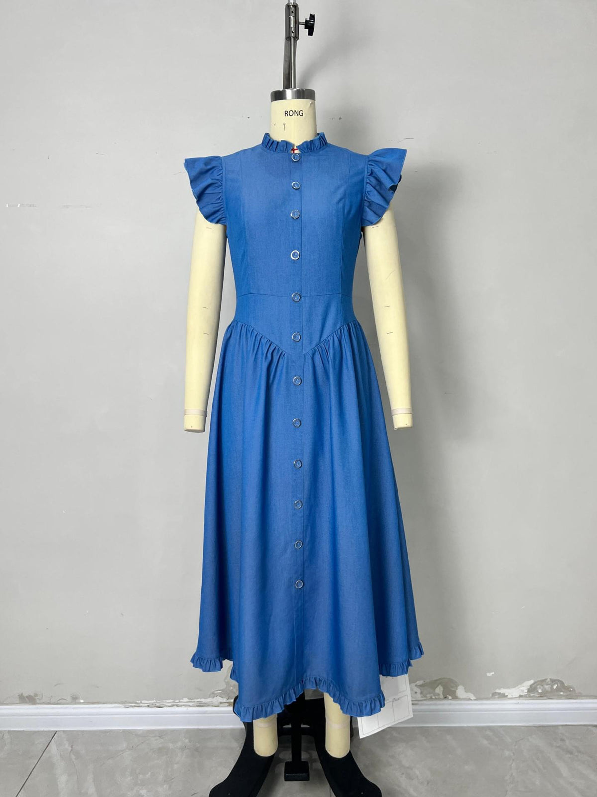 Blue Denim Ruffle Cap Sleeve Button Front Flared Midi Dress