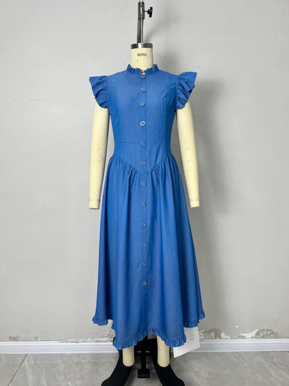 Blue Denim Ruffle Cap Sleeve Button Front Flared Midi Dress