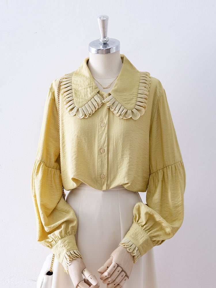 Layered Ruffle Collar Puff Long Sleeve Textured Blouse