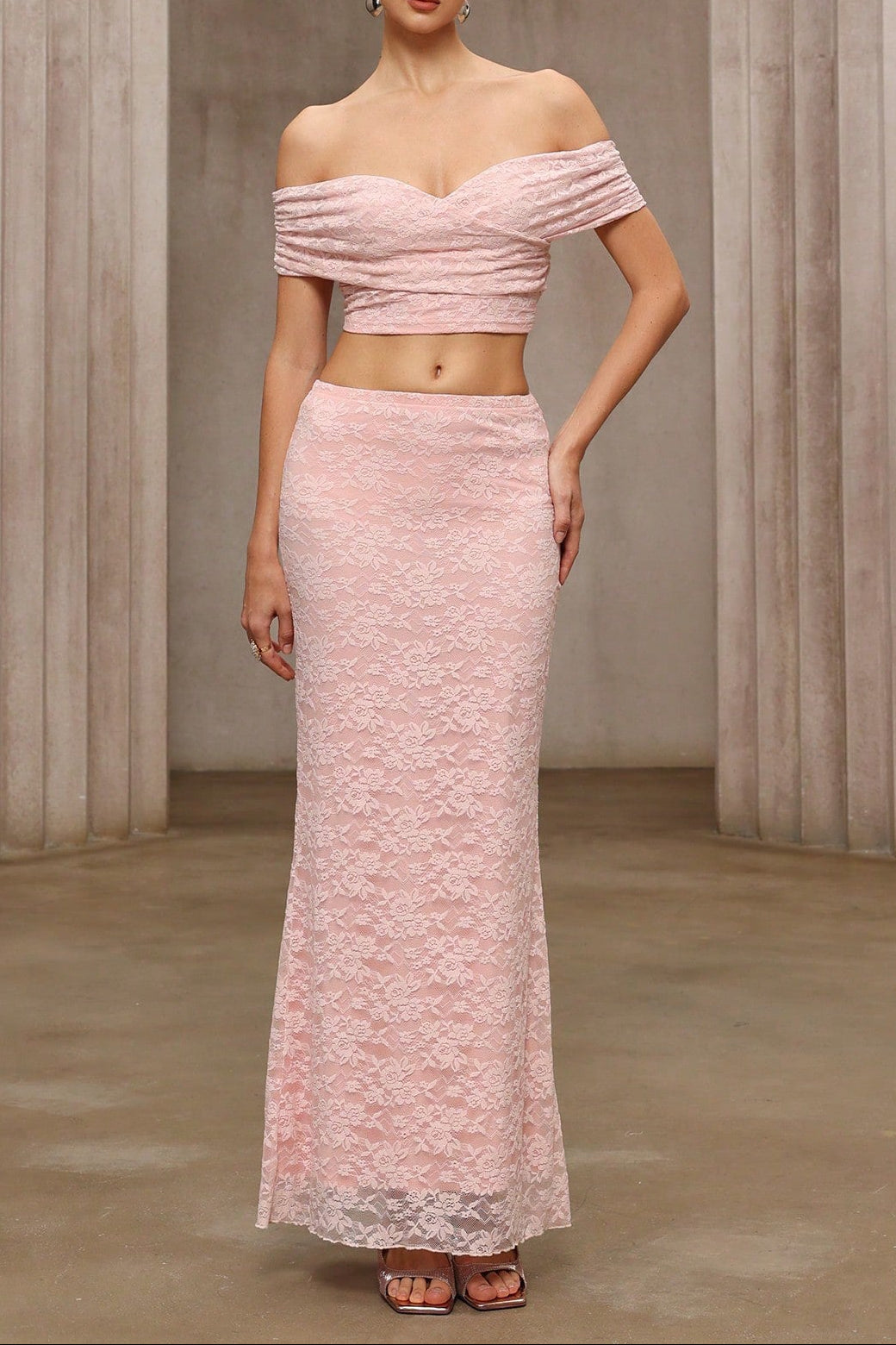 alice Pink lace off-shoulder top and skirt set