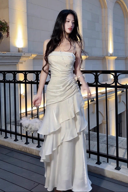 Side Ruched Tiered Ruffle Satin Spaghetti Strap Maxi Dress